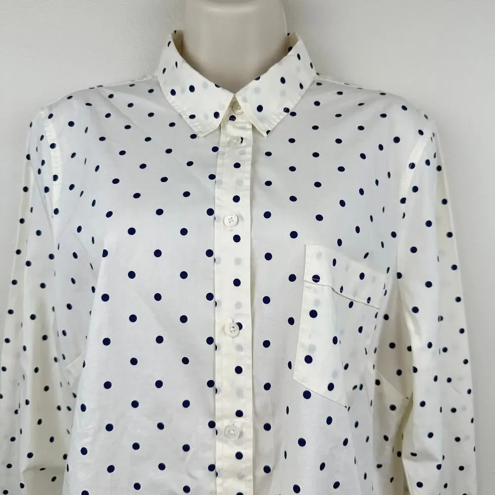 NEW J. Crew Blouse Top Button Front Polka Dot Cream Navy Large Preppy Office